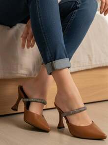 Women's Mule Shoe With Rhinestone Strap, High Heel, 9.5cm Cup, Madame Winter Collection 2026 - Camel - View 1