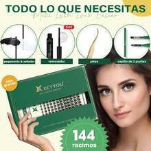 Kit de Extensión de Pestañas DIY KEYYOU - Set Profesional 144 Pestañas Clúster + Adhesivo Profesional, Removedor, Cepillos y Accesorios para Extensiones Seguras en Casa​ - Pestañas Ojos de Gato - Ver 4
