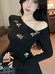 法式亮片花卉不对称肩部设计修身长袖衬衫，秋季 - 黑色 - 查看 6