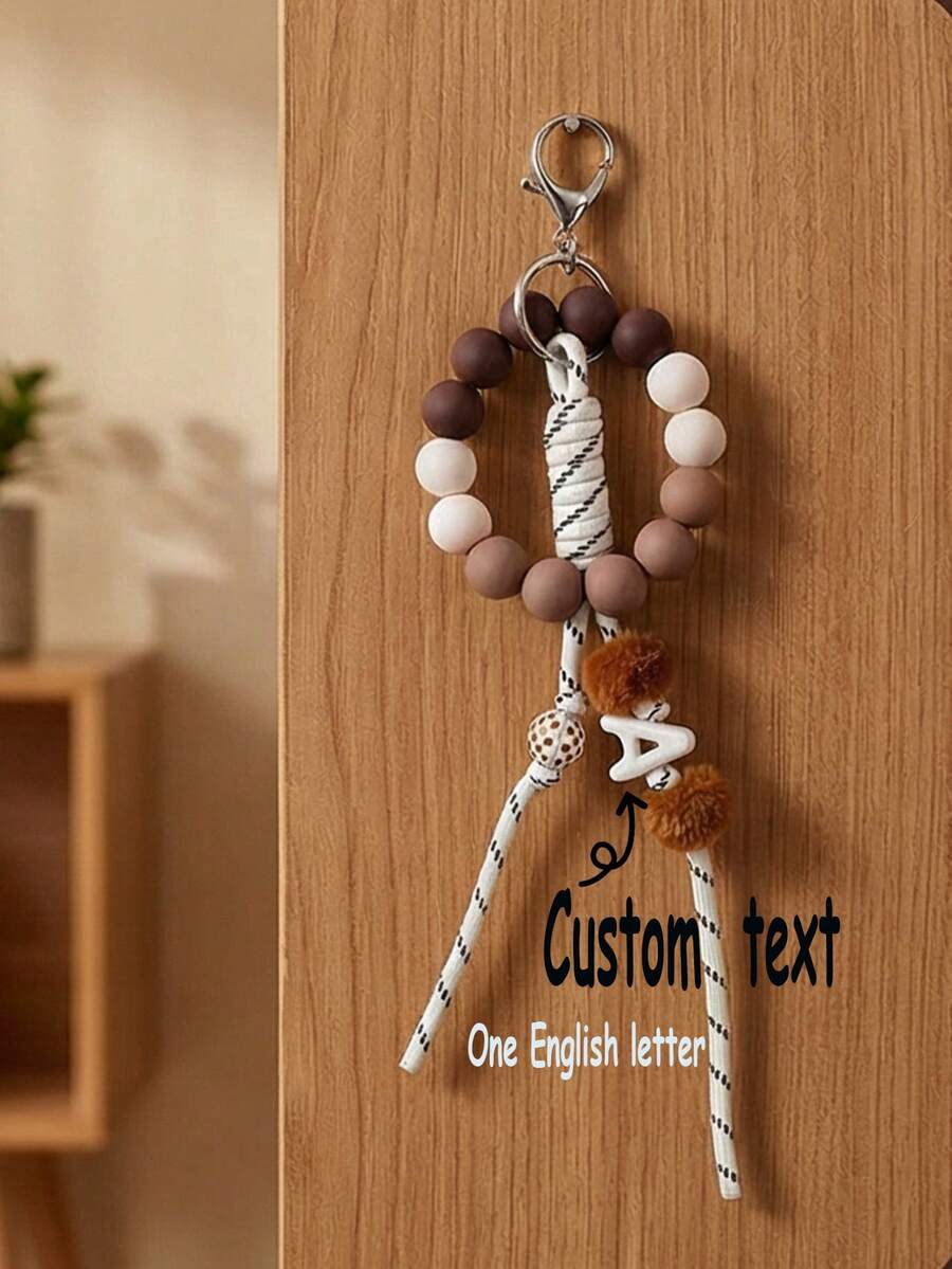 1pc Customized Macaron Silicone Beaded Keychain, Braided Rope Lanyard, Girly Portable Key Chain, Phone Strap, Car Pendant, Customized With 1 English Letter, Customized Birthday Gift - Silicone Beaded Keychain - View 1