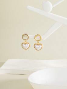 Set de 2 piezas con nuevo diseño minimalista y geométrico de corazón en capas, aretes tipo babero + collar, elegante y adecuado para salidas casuales y uso diario, primavera/verano - Amarillo Oro - Ver 3