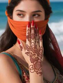 4pcs Brown Henna Lace Ribbon Temporary Tattoo Stickers, Waterproof Hand & Body Temporary Tattoos, Brown Mandala Flower Lace Body Art Stickers For Women - Brown - View 6