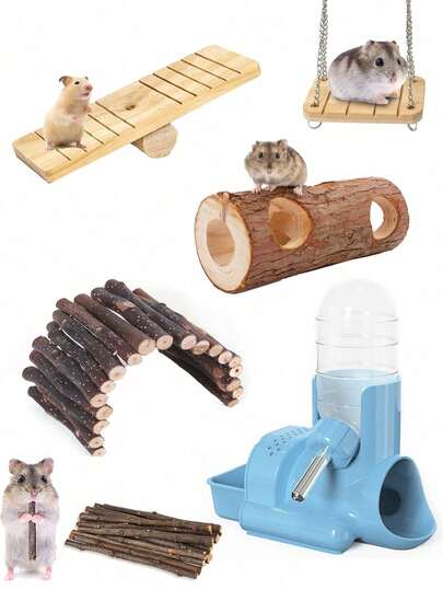 3-In-1 Automatic Water Bottle With Food Container Base, Hamster Ladder, Seesaw, Apple Branch, Climbing Toy Cage, Chew Toy, Hidden Cave, Suitable For Hamsters, Mice, Guinea Pigs, Hedgehogs