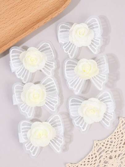 6pcs White And Pink Mesh Hair Bows For Girls Elegant Tulle Flower Hair Clips Aesthetic Sweet Alligator Clips Sweet Girls Gifts Hairpins Clips Casual Wedding Hair Barrettes Baby Hair Accessories