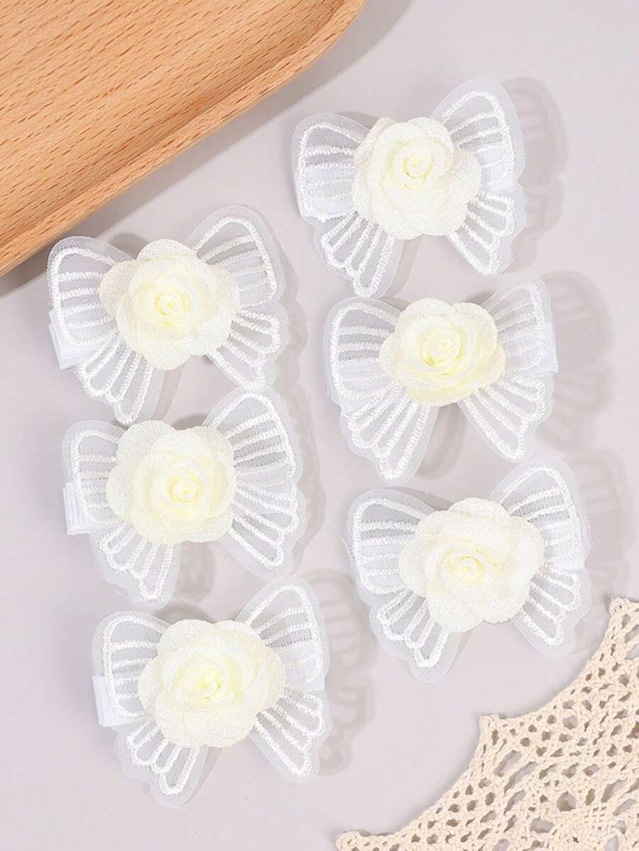 6个白色和粉色网纱蝴蝶结发夹，优雅薄纱花朵发夹，美观甜美鳄鱼夹，甜美女孩礼物，发卡，发夹，休闲婚礼发夹，婴儿发饰 - 彩色 - 查看 1