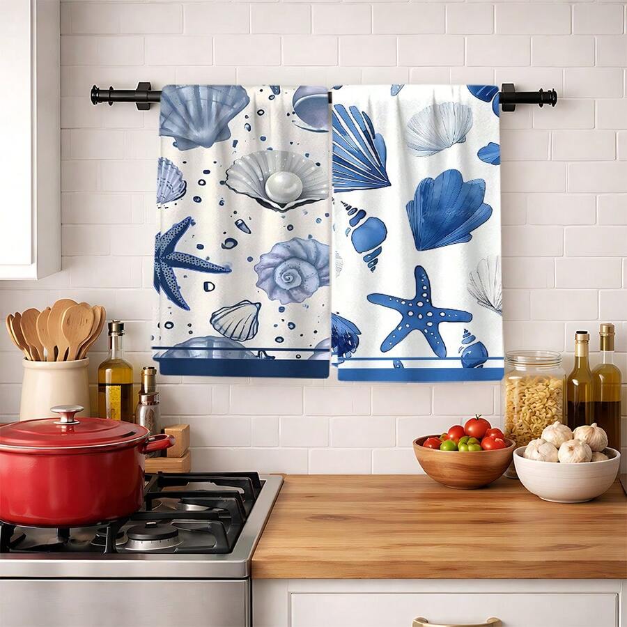 2/4 Pcs Set, Dish Towels With Shell & Starfish Print, Super Absorbent Microfiber Modern Towels For Cooking, Baking, Washing Dishes, Cleaning, Hand Towels, Tea Towels, Soft And Highly Absorbent, Kitchen Decor, Gifts For Neighbors, Moms, Birthdays, Housewarming For Friends, Kitchen Essentials, Daily Necessities - Multicolor - View 1