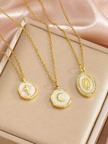 1件时尚流行经典复古十字架圣母玛利亚月亮吊坠项链，适合日常佩戴，珠宝配饰，耶稣升天节及基督教宗教礼物。