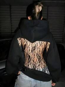 2025 Autumn-Winter New Women's Fashion Solid Color Backless Openwork Mesh Hooded Sweatshirt, Casual Fashion Long-Sleeved Sweatshirt, Christmas And Halloween Gift - 黑色蕾絲 - 查看 1
