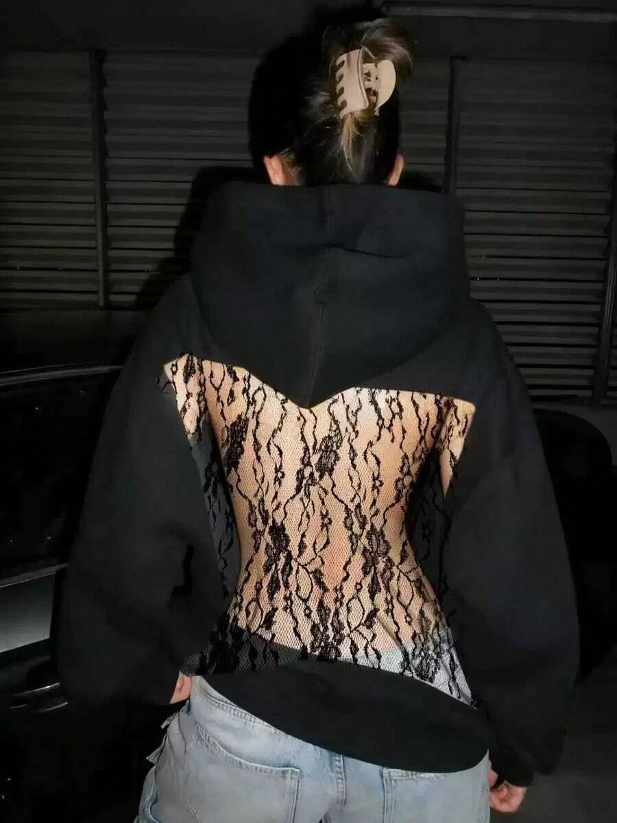 2025 Autumn-Winter New Women's Fashion Solid Color Backless Openwork Mesh Hooded Sweatshirt, Casual Fashion Long-Sleeved Sweatshirt, Christmas And Halloween Gift - 黑色蕾絲 - 查看 1