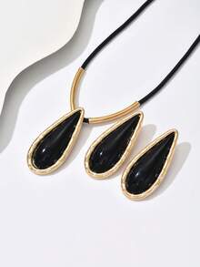 3件套复古黑色绳索项链耳环首饰套装，搭配黑色水滴形撞色吊坠，时尚优雅，适合女性日常、节日、送礼、度假、派对和宴会等场合佩戴。 - 彩色 - 查看 2