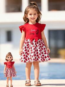 Little Girls Ruffle Sleeve Ladybug Print Tulle Princess Dress With Bow Knot For Party Holiday - Red - View 1