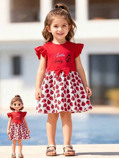 Little Girls Ruffle Sleeve Ladybug Print Tulle Princess Dress With Bow Knot For Party Holiday
