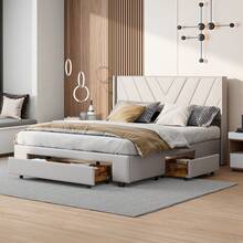 ZSSWSS Cama doble con 3 cajones, 140/160 x 200 cm, cabecero de rayas, somier de láminas, estilo escandinavo, cama tapizada, cama con cajones, lino, beige - Beis - Ver 7