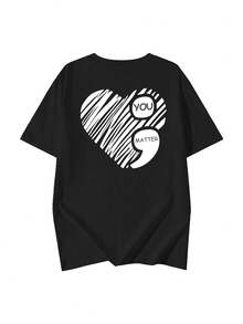 2026夏季新款女式休闲宽松圆领爱心双面印花图案T恤，街头时尚学院风短袖T恤 - 黑色 - 查看 4