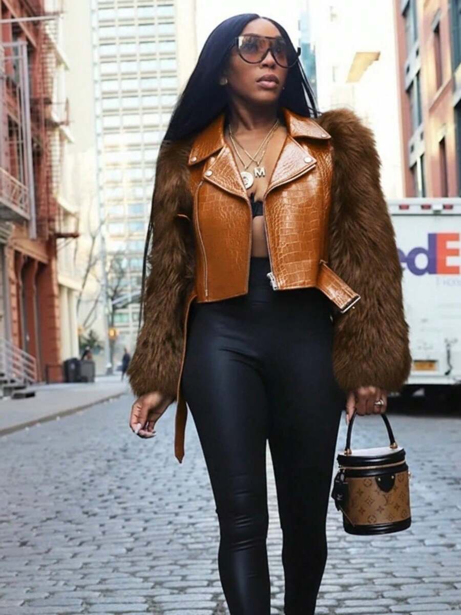 Chaqueta de Motociclista de Piel Imitada con Patchwork de Pelo Estilo Occidental para Mujer Corta Abrigo Cálido de Calle Moda para Otoño Invierno - Camello - Ver 1