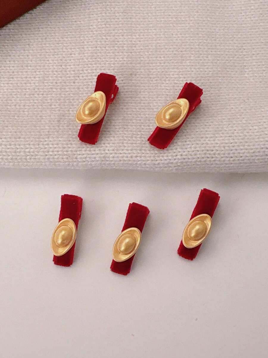 5个/10个金色金锭发夹，节日红色侧刘海发夹装饰发卡 - 紅色 - 查看 1