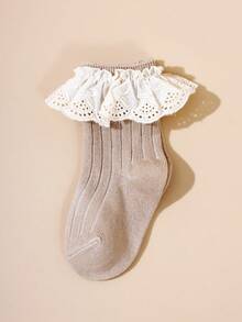 3 Pairs Girls' Vertical Stripe Solid Color Socks, Lace Trim, Spanish Style, Elegant & Sweet, Suitable For Ballet, Infant - White - View 8