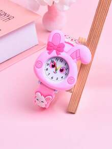 Reloj de pulsera para niñas con correa de silicona suave 3D con diseño de mariposa y conejo, reloj de cuarzo con orejas de conejo como regalo - Rosa - Ver 8