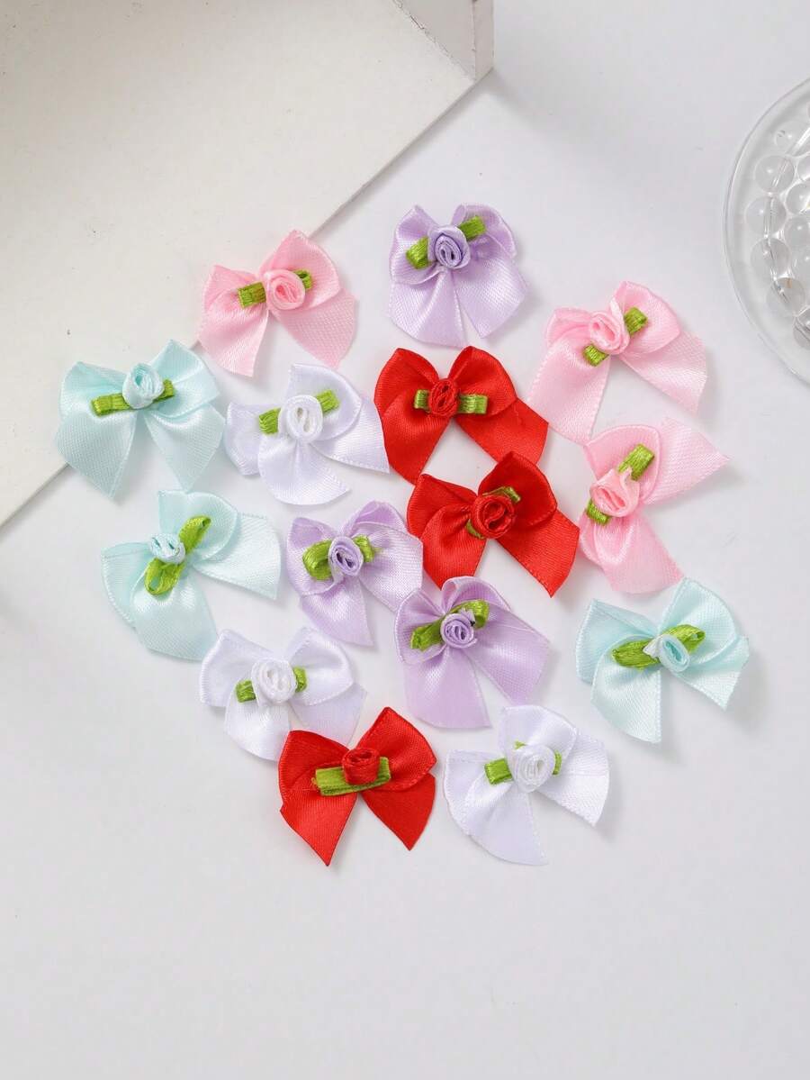 30pcs/Set Bow Tie Rose Flower 3cm Ribbon With Leaves, Handmade DIY Small Flowers For Clothing, Shoes, Toys, Accessories, Ribbon Flower Headpieces, Gift Box Decor, Home & Apparel Accessories - Multicolor - View 1