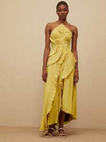 Women Ruffle Hem Pleated Sheer Mesh Long Maxi Dress Sleeveless Halter Neck Irregular Tiered Flowy Long Maxi Dresses For Wedding Guest Summer Holiday Beachwear - 黃色 - 查看 3