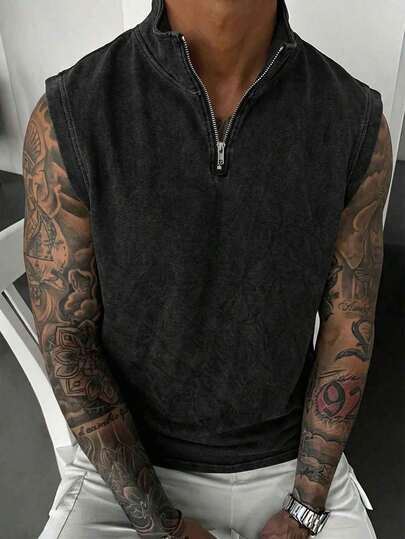 复古水洗夏季男士半拉链背心