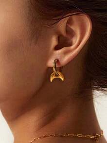 1 Pair Stainless Steel Waterproof Non-Fading Vintage Gold Moon Hoop Earrings, Suitable For Women's Daily Wear - Gold - View 1