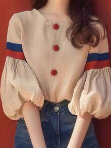 Camisa de mujer Nueva camisa femenina de manga farol color albaricoque, diseño francés único y moderno, muy bonita y juvenil - Albaricoque - Ver 1