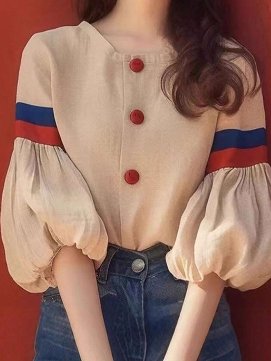 Camisa de mujer Nueva camisa femenina de manga farol color albaricoque, diseño francés único y moderno, muy bonita y juvenil - Albaricoque - Ver 1