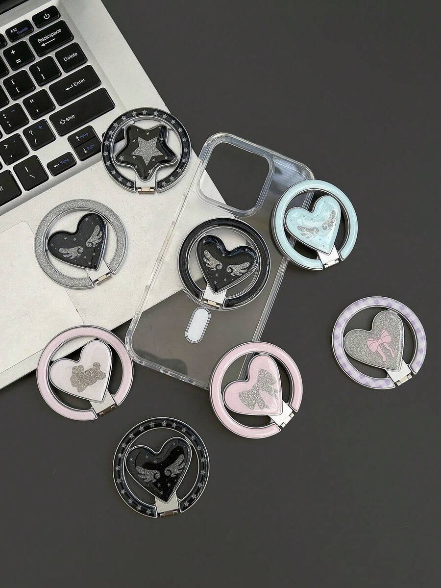 1pc Glitter Wing Folding Stand, Premium Metal Heart Shaped Magsafe Magnetic Phone Holder, Cute Magnetic Phone Stand, Portable Cartoon Phone Folding Stand - Multicolor - View 1
