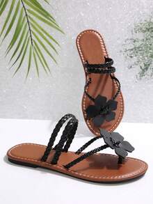 Women's Casual Outdoor Slip-On Sandals, Solid Color, European & American Style, Flat, Floral, Round Toe, Low Heel, Beach Shoes, Summer - Black - View 6