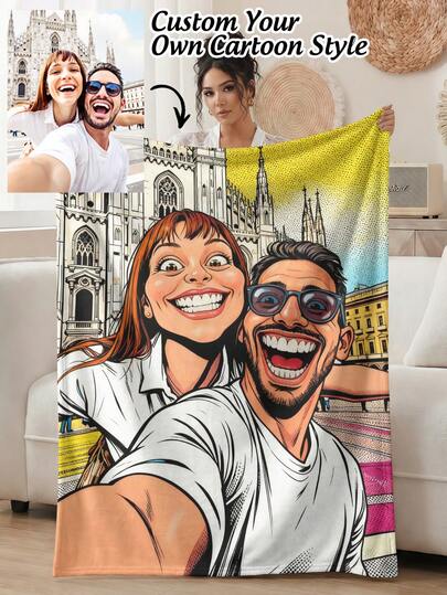1pc Customized Photo Cartoon Style Personalized Flannel Blanket - Soft, Lightweight, Comfortable - Perfect Gift For Adults, Valentine's Day Or Any Occasion - Machine Washable, All Season Comfort, Personalized Blanket, Office Nap Blanket, Air Conditioning Blanket, Photo Blanket, Father's Day Gift For Dad, Bedding Blanket, Customized Picture Blanket.