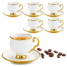 Porcelain Coffee Cups And Saucers Set Of 6 | 3.38oz Ceramic Cups For Cappuccino, Latte, Mocha, Tea - A - View 7