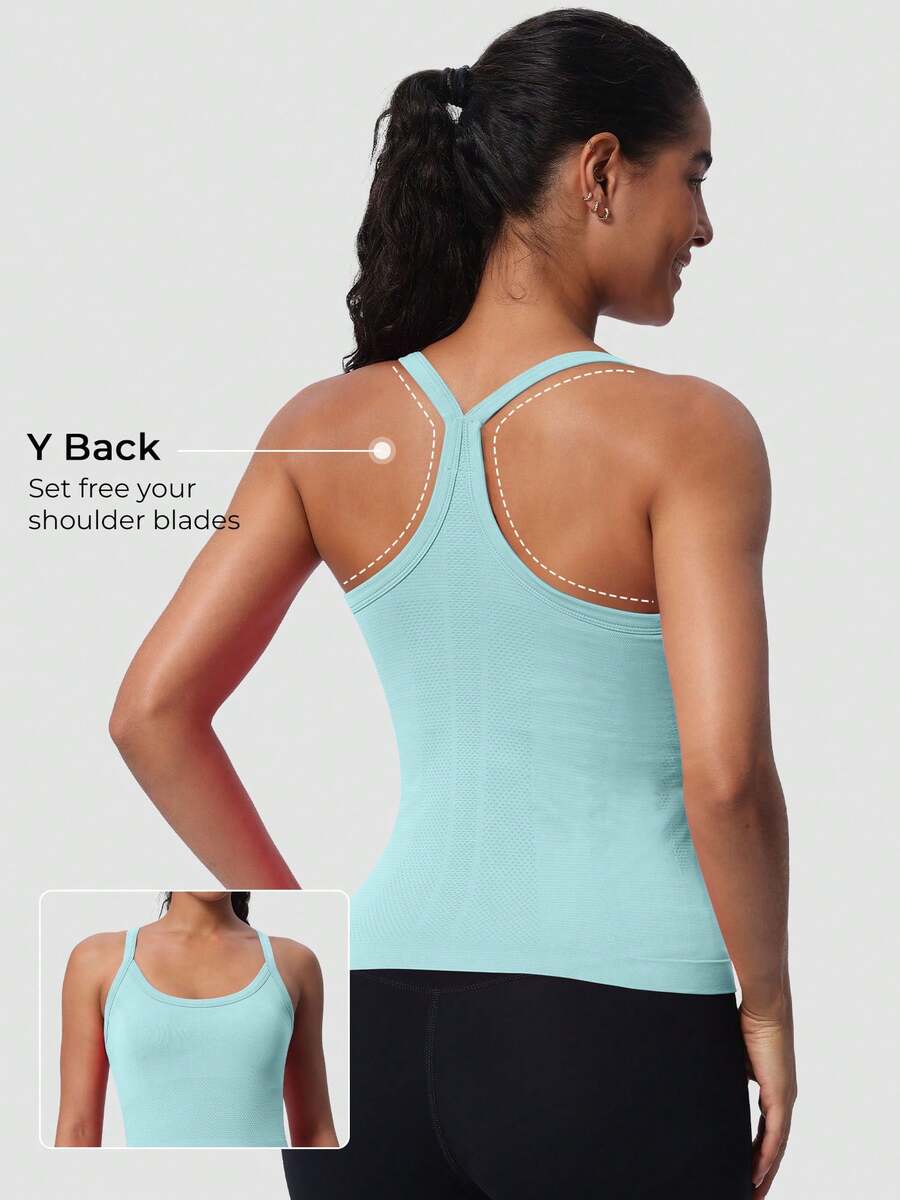 Racerback Tank Tops For Women - Scoop Neck Spaghetti Strap Padded Workout With Built In Bra - 青藍色 - 查看 1