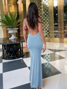 女士纯色开衩修身露背性感优雅连衣裙，适合春夏夜晚外出、派对、夜店、度假、海滩休闲穿着。