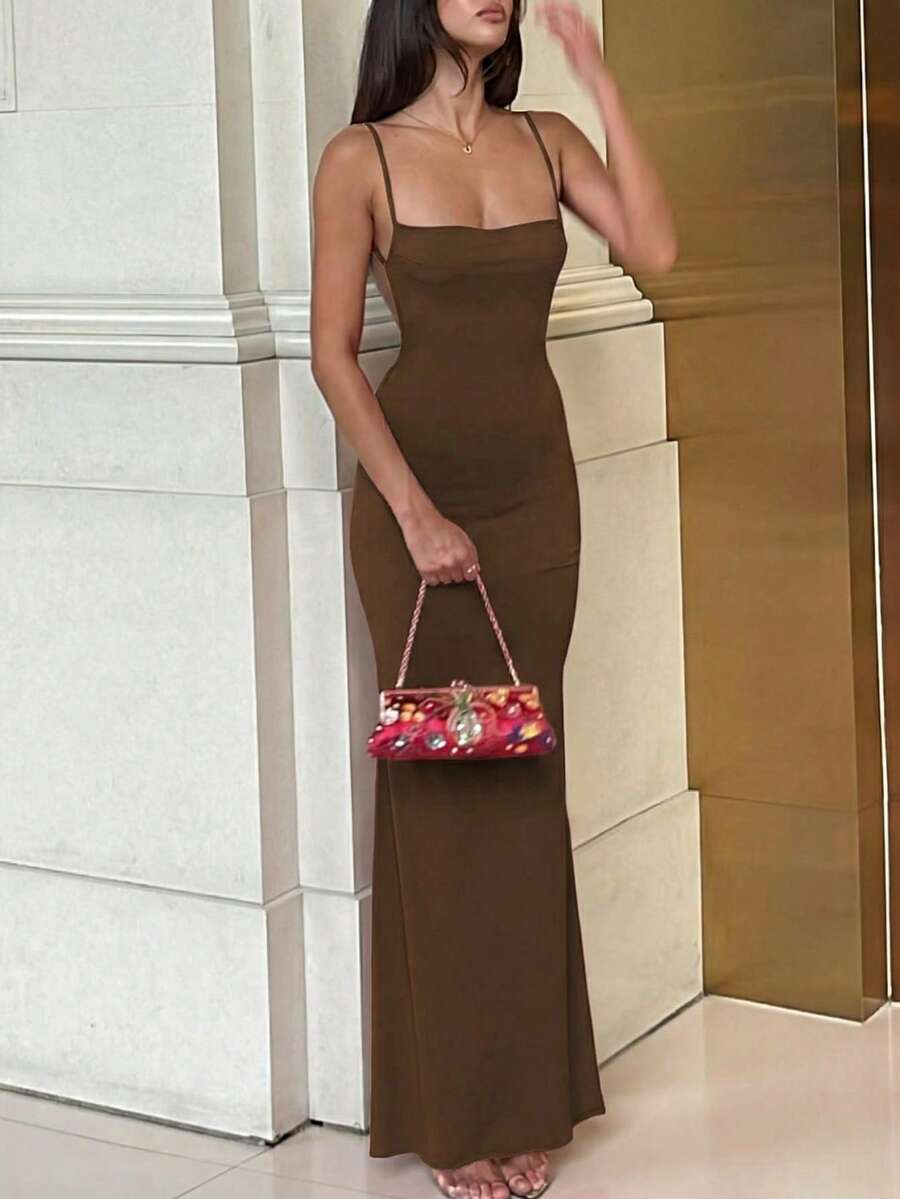 Women's Solid Color Slit Bodycon Backless Sexy Elegant Dress, Suitable For Night Out, Party, Club, Vacation, Beach, Casual Wear In Spring And Summer - Brown - View 1