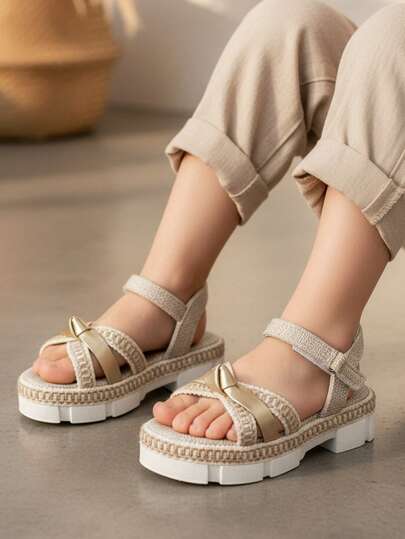 Girls' Bohemian Holiday Roman Thick-Soled Sandals, Quality Linen Material Soft & Breathable, Hook And Loop Design For Easy Wear, Retro Bohemian Holiday Style, Textured Thick Bottom For Stable Walking, Lightweight & Comfortable, Suitable For 3-15 Years Old Girls, Elementary & Middle School Students, Summer Holidays, Outings, Parties, Versatile