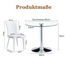 Zestaw Esstisch: Nowoczesny minimalistyczny Esstisch aus Sicherheitsglas mit 85 cm Durchmesser, kombiniert mit 2 białe PU-Esszimmerstühlen mit silberfarbenen Stützbeinen. Geeignet für Esszimmer, Küche. - Biały - Zobacz 3
