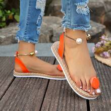 女士珍珠人字拖凉鞋，夏季罗马风透气平底鞋，沙滩休闲两用，罗马风珍珠装饰凉鞋，女士夏季透气平底拖鞋，适合日常穿着和海滩活动 - 桔色 - 查看 11