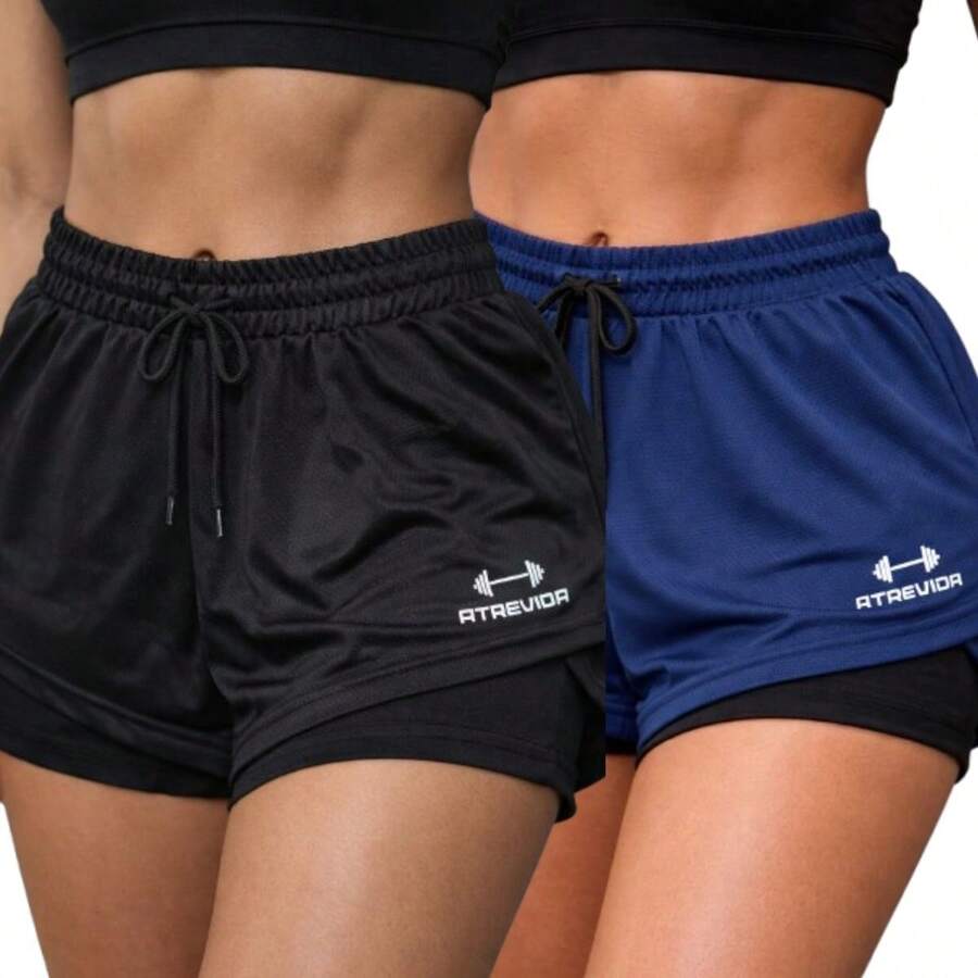 Kit Of 2 Women's Double Shorts 2 In 1 With Hidden Pocket For Cell Phone, For Sports, Gym, Crossfit, Running. - 黑藍 - 查看 1
