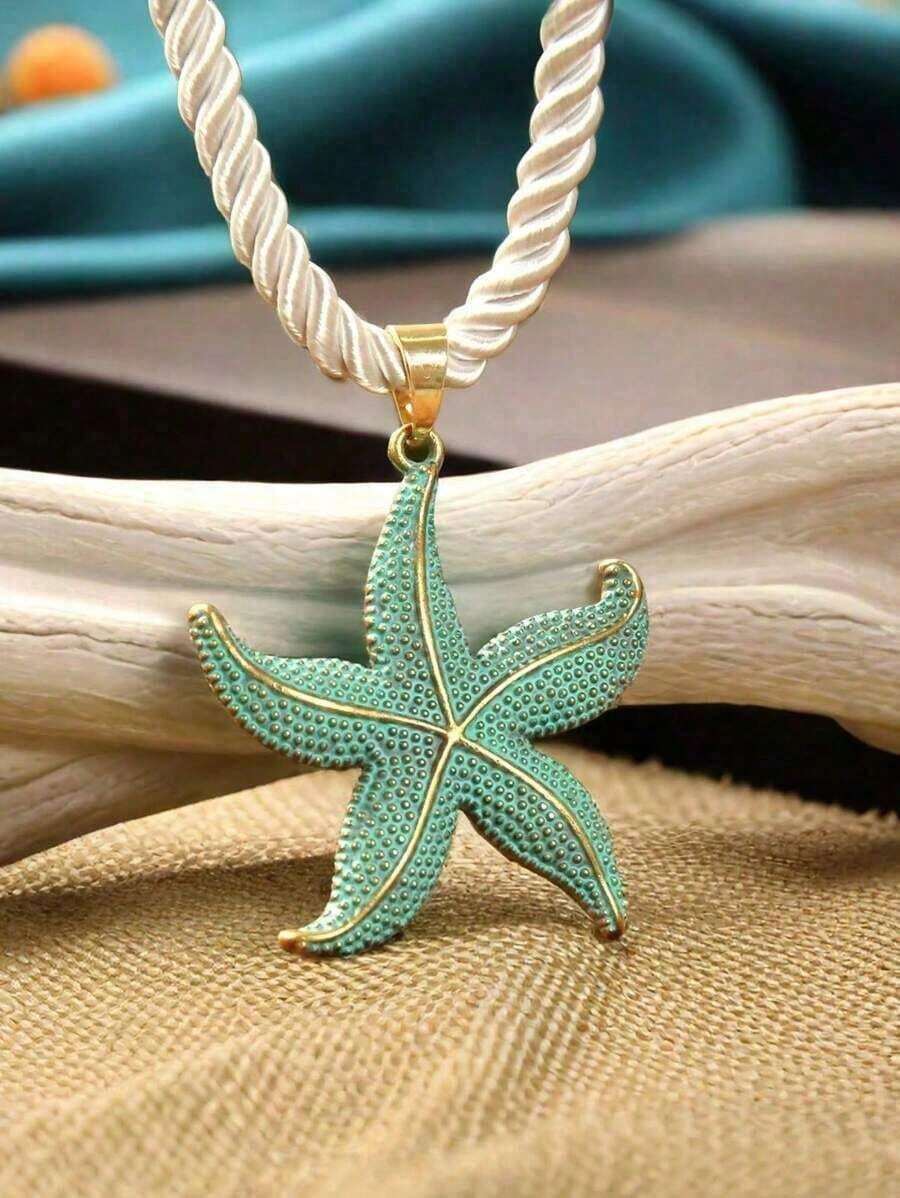 1pc European And American-Border Niche Designed Starfish Earrings Women, Fashion Street Style-Shaped Pendant Necklace - 藍色 - 查看 1