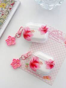 Fresh And Sweet Floral Pattern Hibiscus Flower Transparent Earphone Case With 1 Flower Charm, Compatible With AirPod Case, Headphones, Pro 3 Case, Pro (2nd Gen), 3, Pro, 1/2, 4 Case Cover, Suitable As Valentine's Day Gift