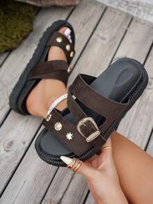 New Fashion Metal Buckle Decor Slip-On Wedge Heel Sandals, Comfortable Non-Slip, Versatile & Easy To Clean, Suitable For Beach & Daily Wear - Coffee Brown - View 4