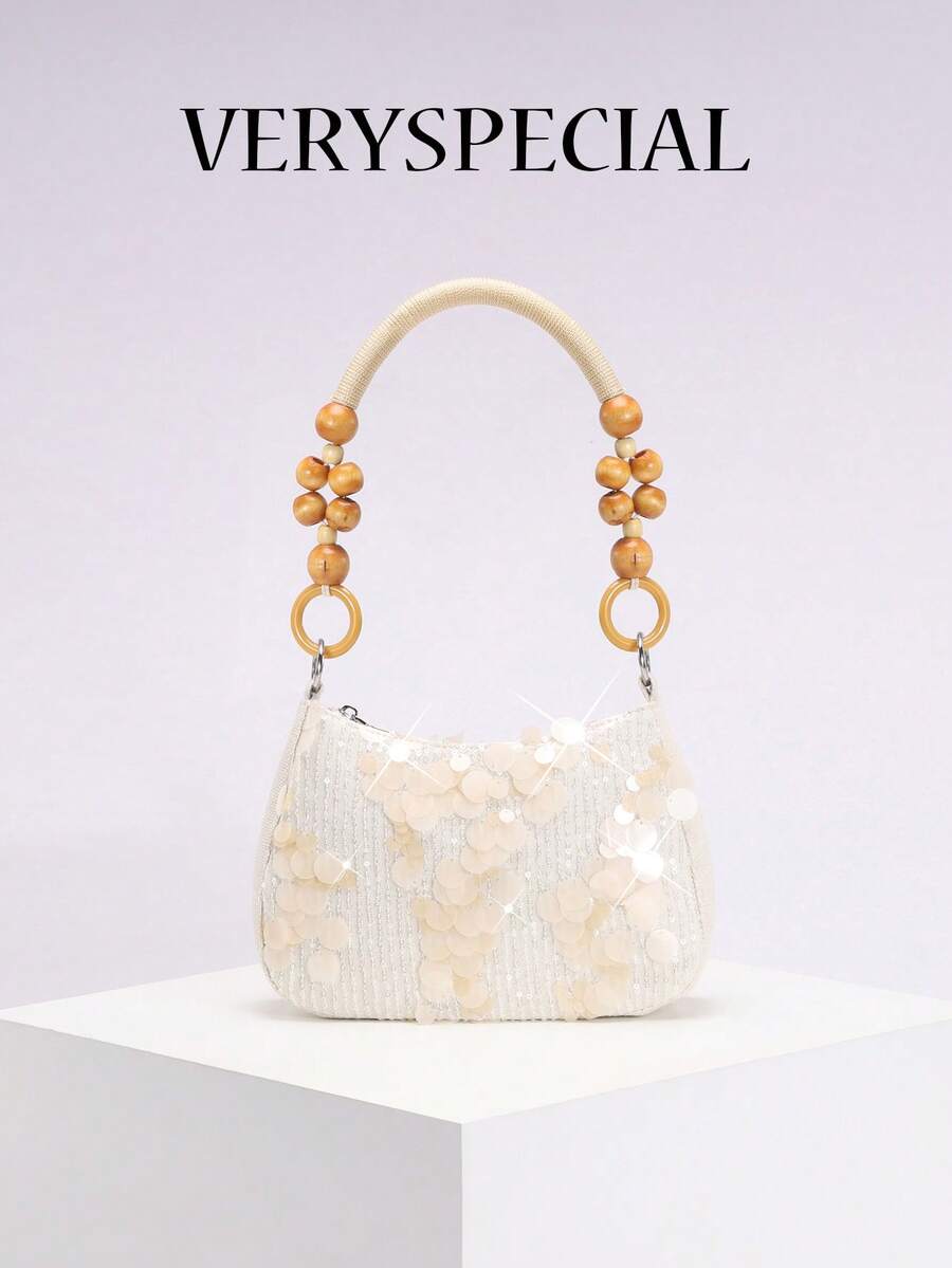 1pc Matte White Mermaid Sequin Shiny Fashionable Underarm Pouch Boho Style Acrylic Ring Beaded Strap Women's Shoulder Bag, Summer Fashion Holiday Dress Accessory - Beige - View 1