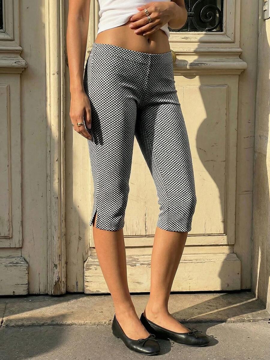 女士休闲高弹格子低腰开衩修身七分裤，适合春夏度假穿搭 - 黑與白 - 查看 1
