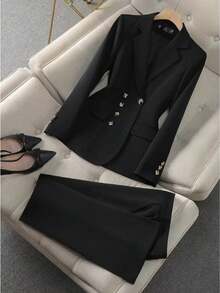 Women's Business Two-Piece Suit - Elegant Single-Breasted Blazer With Slim-Fit Trousers | Business Casual Office Suit And Everyday Suit - 黑色 - 查看 2
