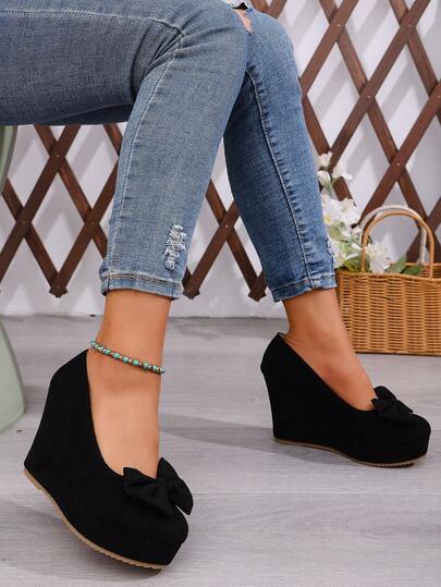 1 Pair Women's Fashion Platform Wedge Heel Slip-On Shoes With Bow Decor, Suitable For Outings, Commuting, Parties