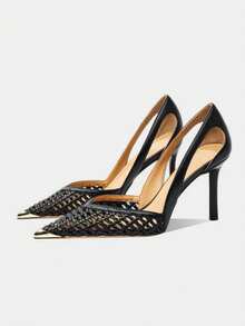 Giày cao gót mũi nhọn thiết kế dệt độc đáo dành cho nữ, mẫu mới đa năng mùa hè 2025, giày cao gót gót nhọn. - màu đen - Xem 3