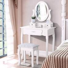 ZSSWSS White, Removable Dressing Table With Oval 360° Mirror, Pine Wood Dressing Table With 3 Drawers And 1 Stool, 75 X 40 X 136 Cm - trắng - Xem 2