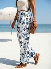 女士全身印花长裤，适合度假和海滩穿着 (YY1165) 夏季 - 藍色 - 查看 4