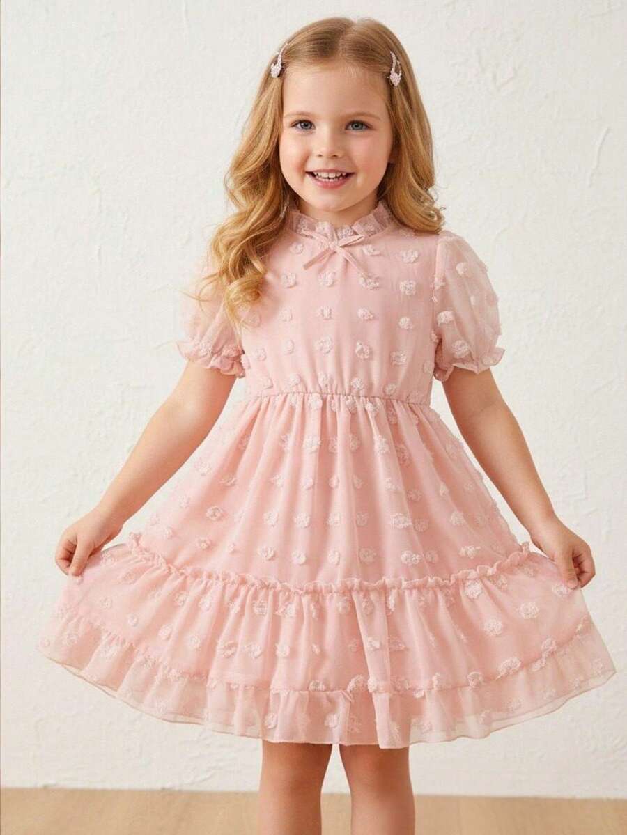 Young Girls' Jacquard Floral Pom Pom Trim Stand Collar Puff Sleeve Casual Dress, Spring/Summer - Pink - View 1